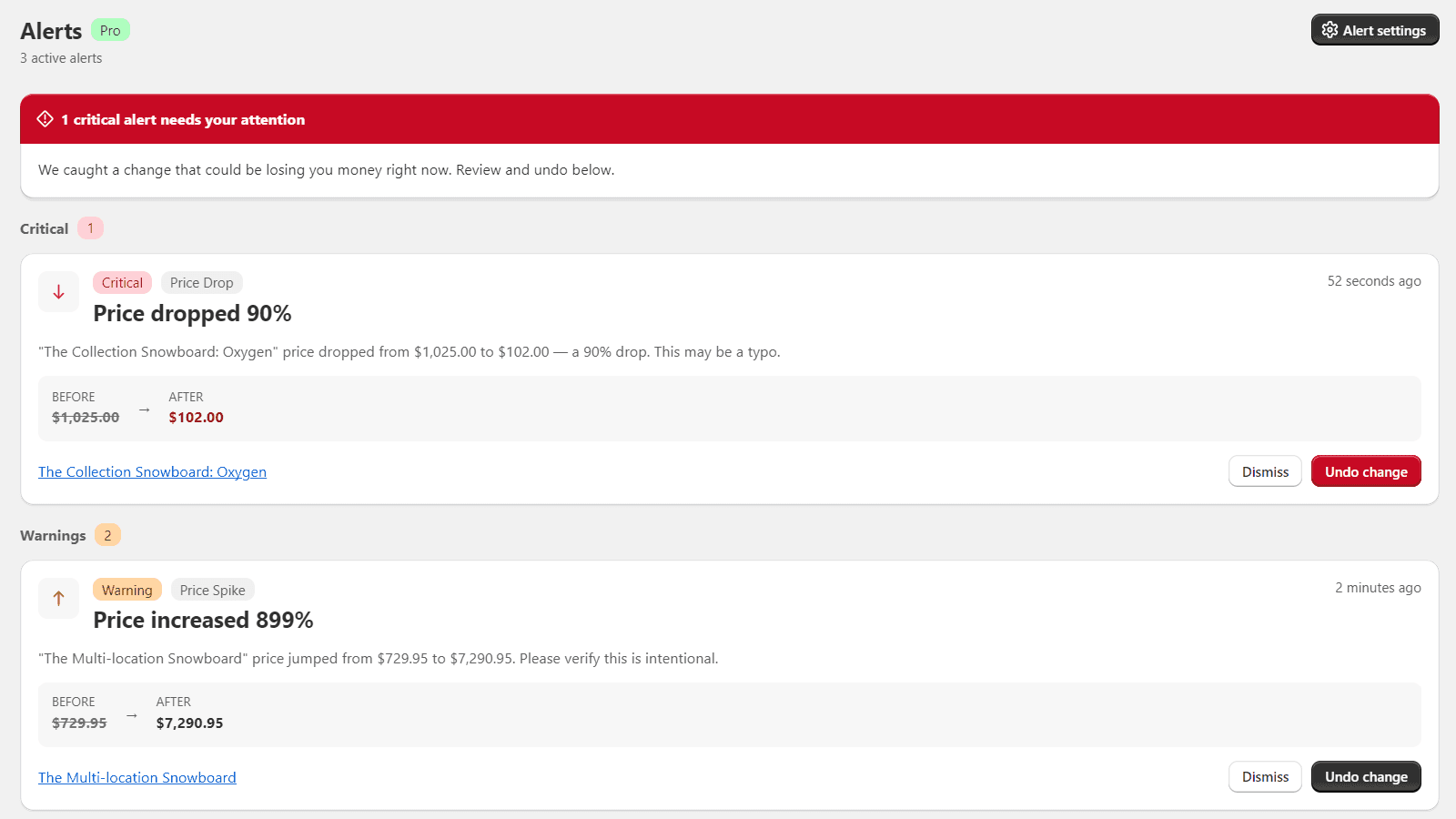 Rewindly alerts feed flagging a suspicious 90% price drop with an Undo change button