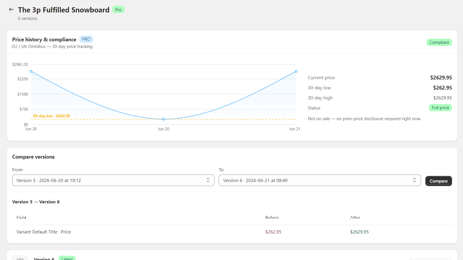 Rewindly comparing two product versions with a field-by-field diff, and the price-history compliance card above it