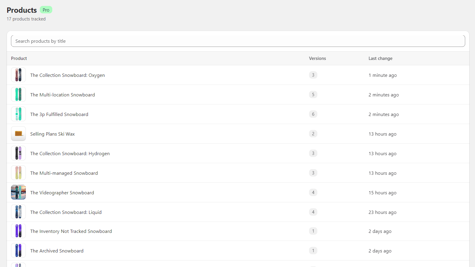 Rewindly products list with each product's version count and last-change time