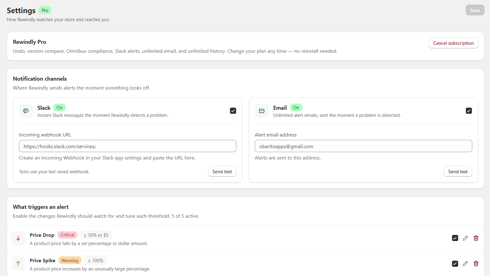 Rewindly settings page with Slack and email notification channels and alert trigger rules