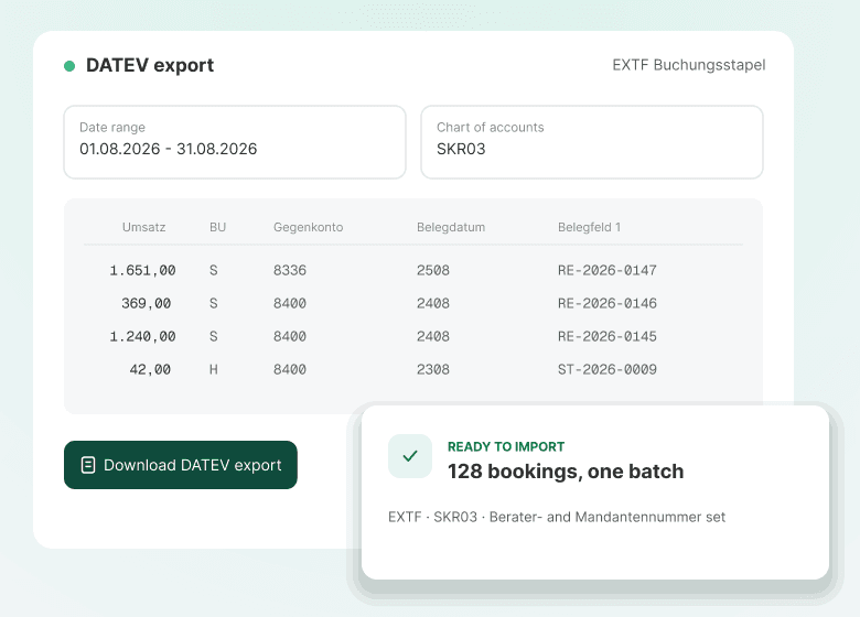 The DATEV export with a date range, an SKR03 chart of accounts and a preview of the EXTF booking rows