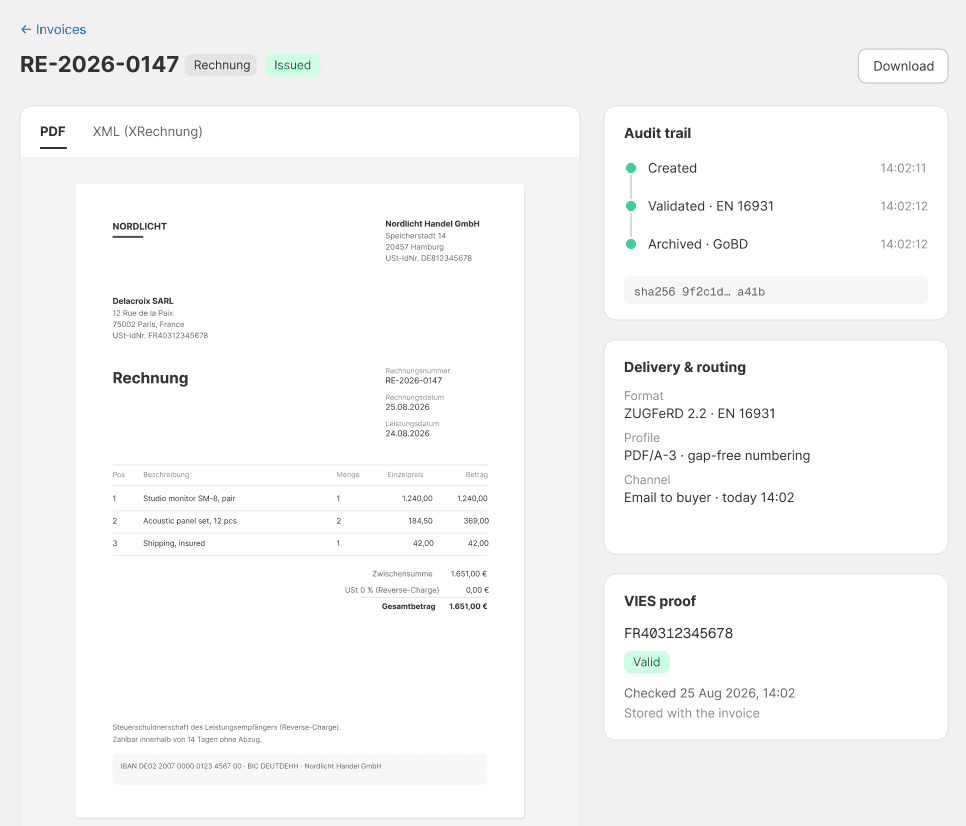 An Attesta invoice detail screen: the rendered invoice with an XML tab, and a sidebar with the audit trail, delivery format and VIES proof
