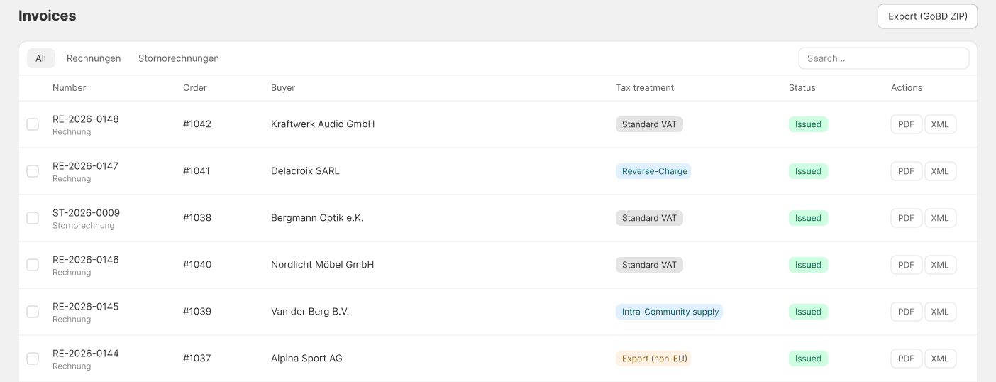 The Attesta invoices list, each row showing the document number and type, order, buyer, tax treatment, status and PDF and XML links