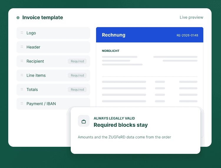 The Attesta template designer: a list of invoice blocks with the required ones tagged, next to a live preview of the invoice in the merchant's own accent colour