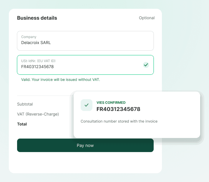 A checkout business-details form with a validated EU VAT ID field, and a callout confirming the VIES check was stored with the invoice